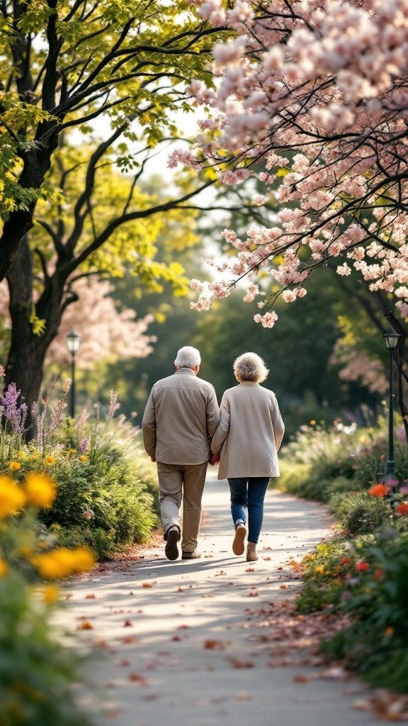 An elderly couple walking hand in hand on a flower-lined path during spring
