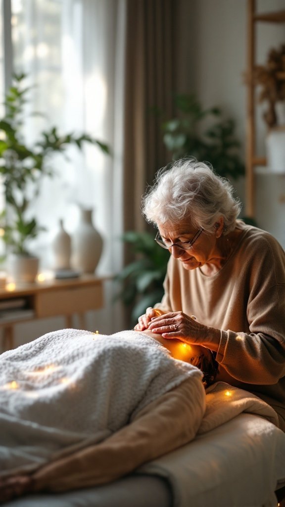 An older practitioner performing acupuncture on a client in a softly lit room filled with greenery.