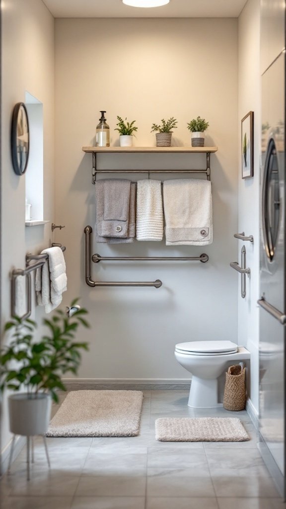 A modern bathroom designed for safety with grab bars, soft mats, and good lighting