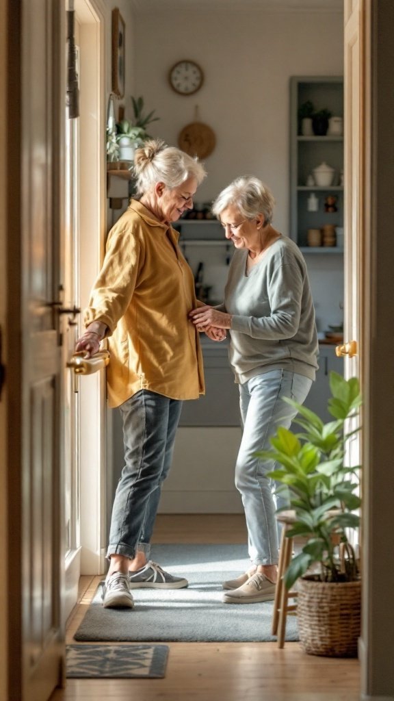 Two senior women in a hallway, smiling and interacting with warmth and comfort.