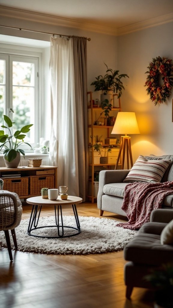 A cozy living room with plants, soft furnishings, and warm lighting.