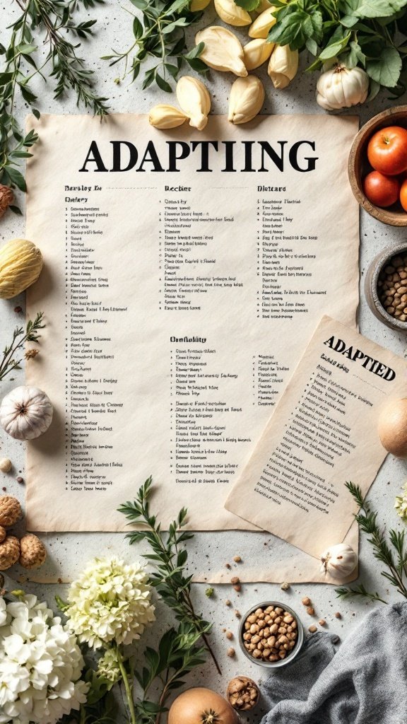 A layout of ingredients and notes on adapting recipes for dietary restrictions, featuring various herbs, fruits, and vegetables.