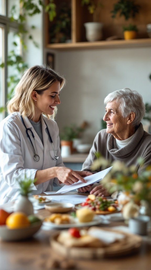 A healthcare professional discussing dietary changes with an older adult, surrounded by healthy food options.