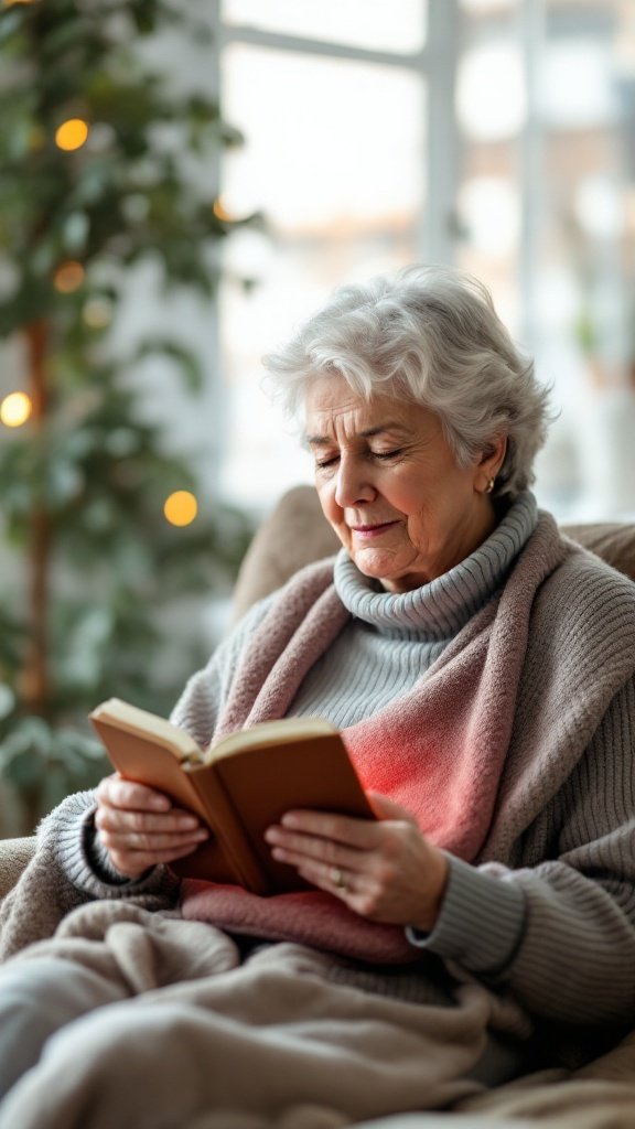 Senior woman reading a book in a cozy space, symbolizing relaxation and mental well-being.