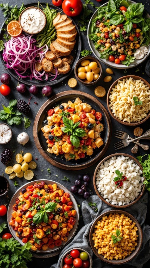 A colorful spread of healthy dishes with various vegetables, salads, and grains.
