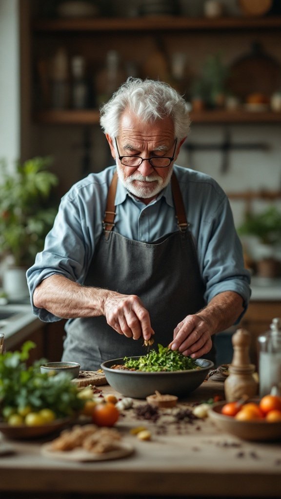 An elderly man preparing a colorful salad in a cozy kitchen, surrounded by fresh ingredients and a warm atmosphere.