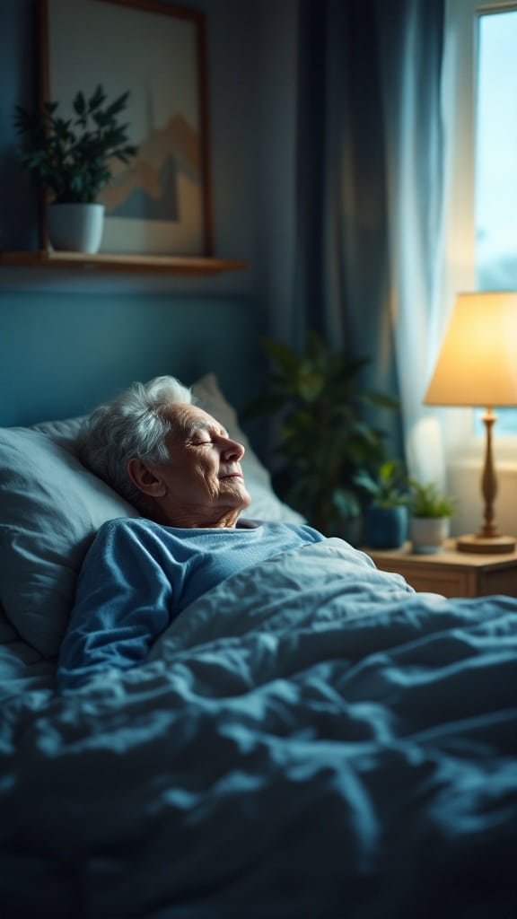 An elderly person sleeping peacefully in a cozy bedroom.