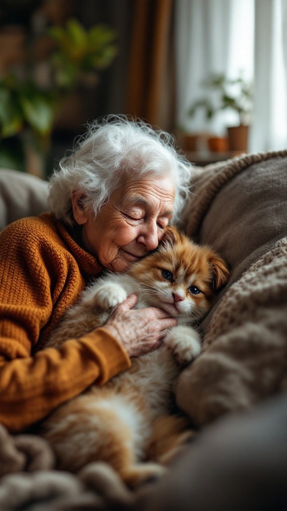 An elderly woman embracing her fluffy cat, showcasing companionship and warmth.