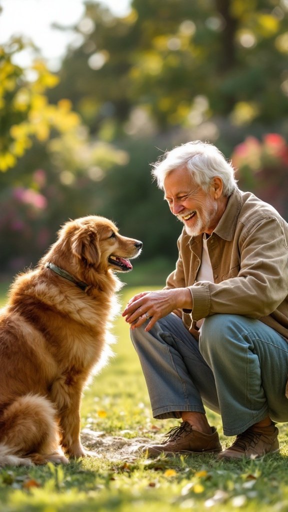 An older man smiling and interacting with his golden retriever in a sunny outdoor setting.