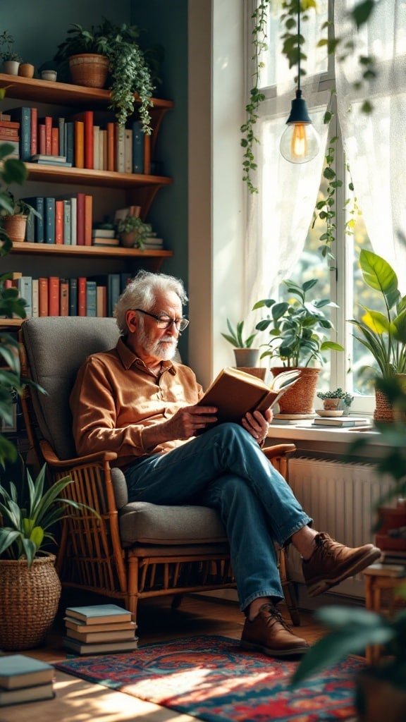 An elderly man reading a book in a cozy chair surrounded by plants and bookshelves.