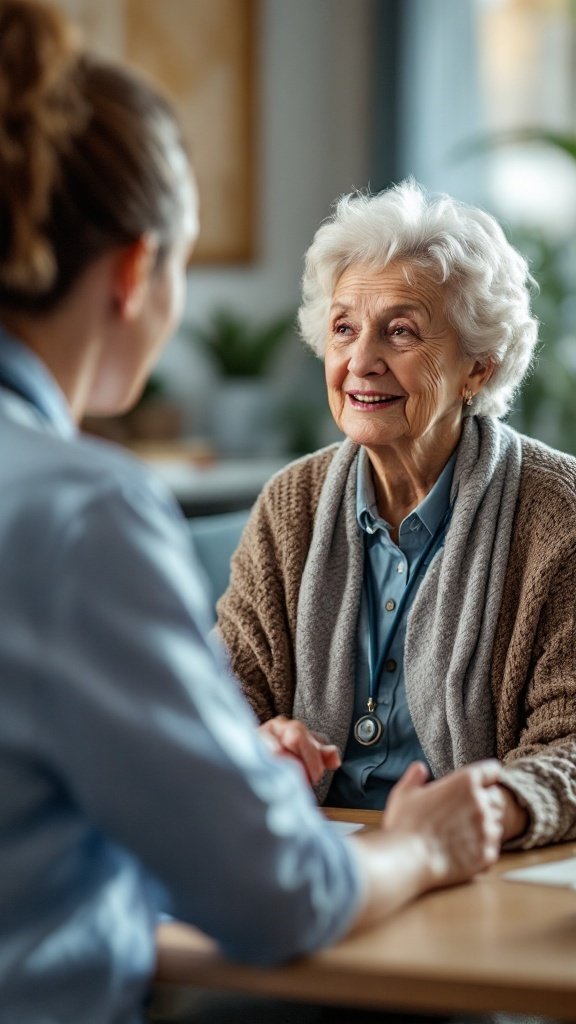 A senior woman smiling while talking with a healthcare professional in a friendly setting.