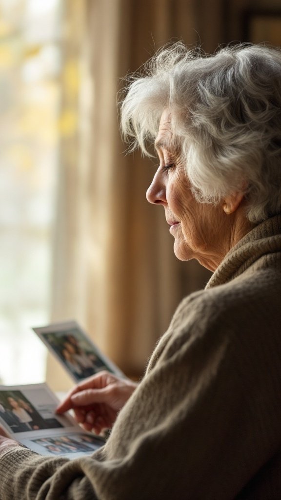 An elderly woman looking at photographs, reflecting on memories.