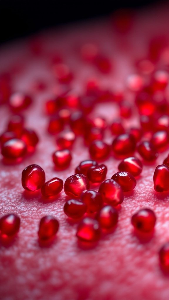 Close-up of pomegranate seeds on a pink background.