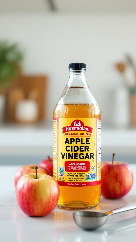 Bottle of apple cider vinegar with apples and a measuring spoon on a kitchen counter