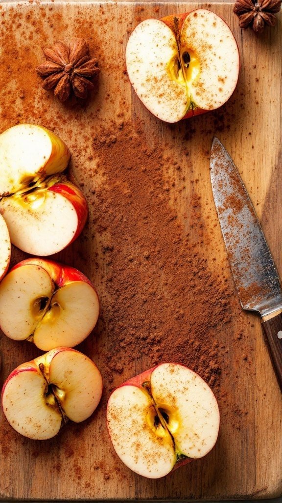Fresh apple slices sprinkled with cinnamon on a wooden cutting board.