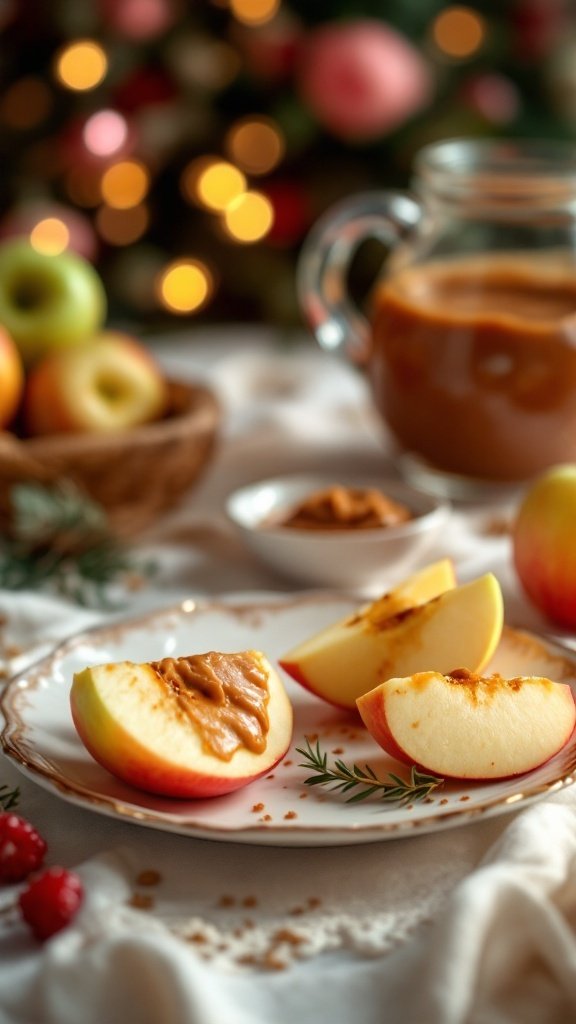 Plate of apple slices with peanut butter, surrounded by fresh apples and a cozy backdrop