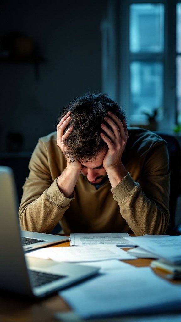 A stressed person with their head in their hands in front of a laptop, surrounded by papers, reflecting burnout.