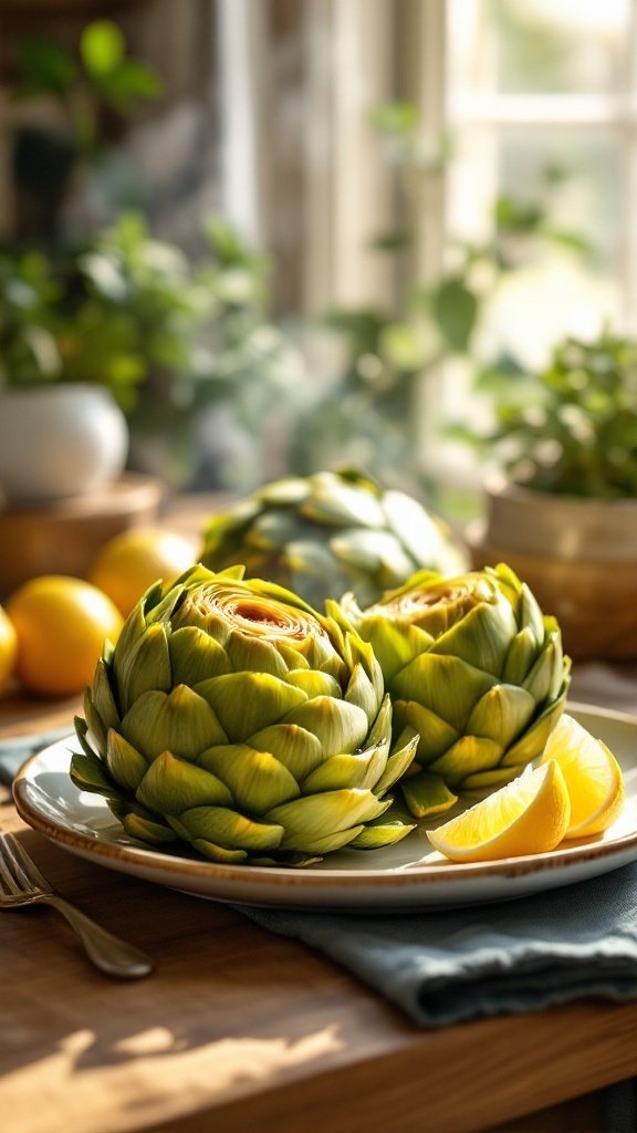 Two artichokes on a plate with lemon wedges, surrounded by a cozy kitchen setting.