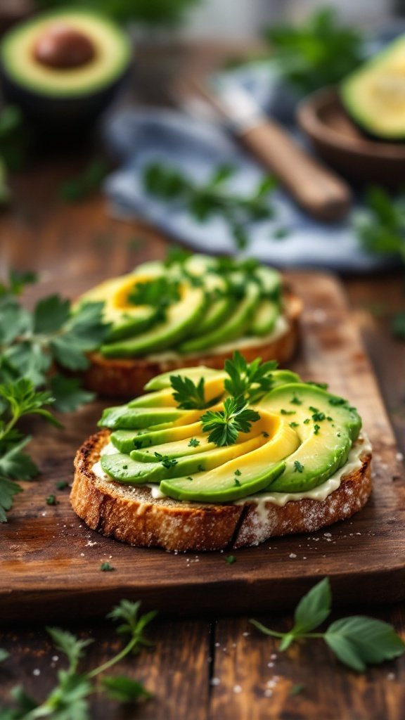 Avocado toast with sliced avocado on whole grain bread, garnished with herbs