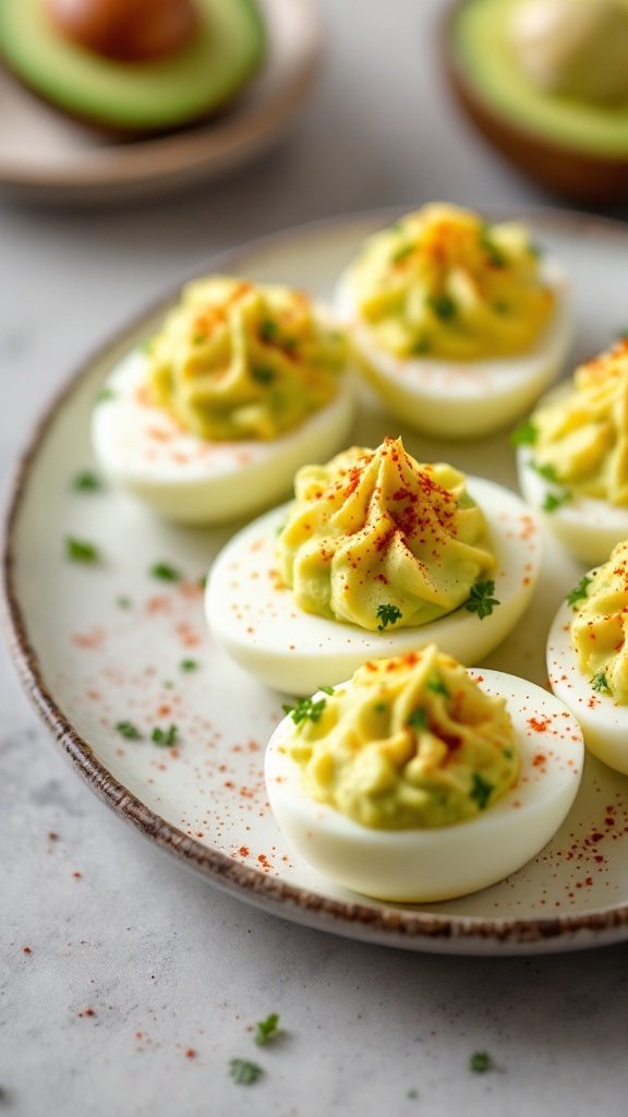 A plate of avocado deviled eggs garnished with paprika and herbs.