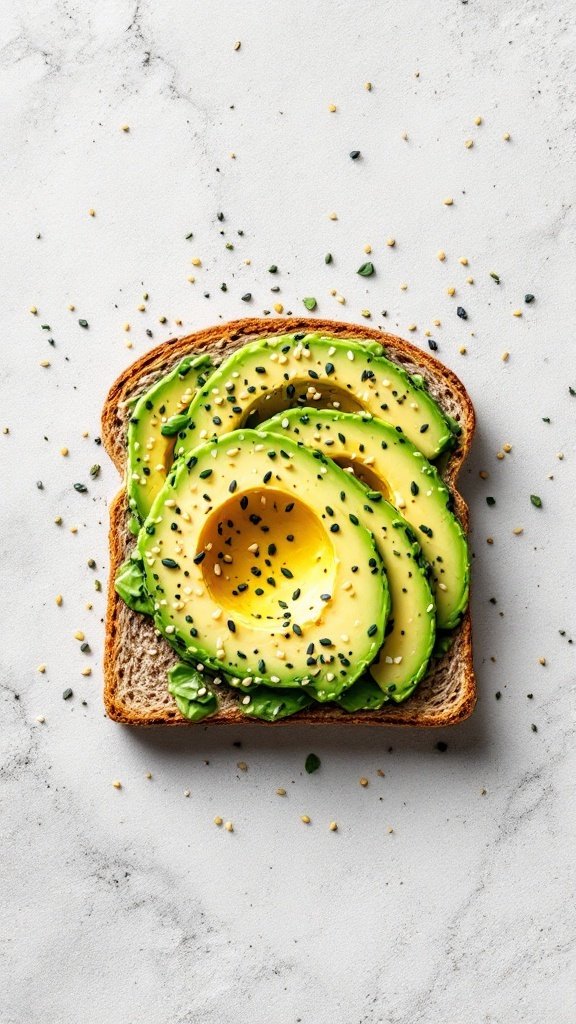 A slice of whole-grain bread topped with sliced avocado and sprinkled with seeds.