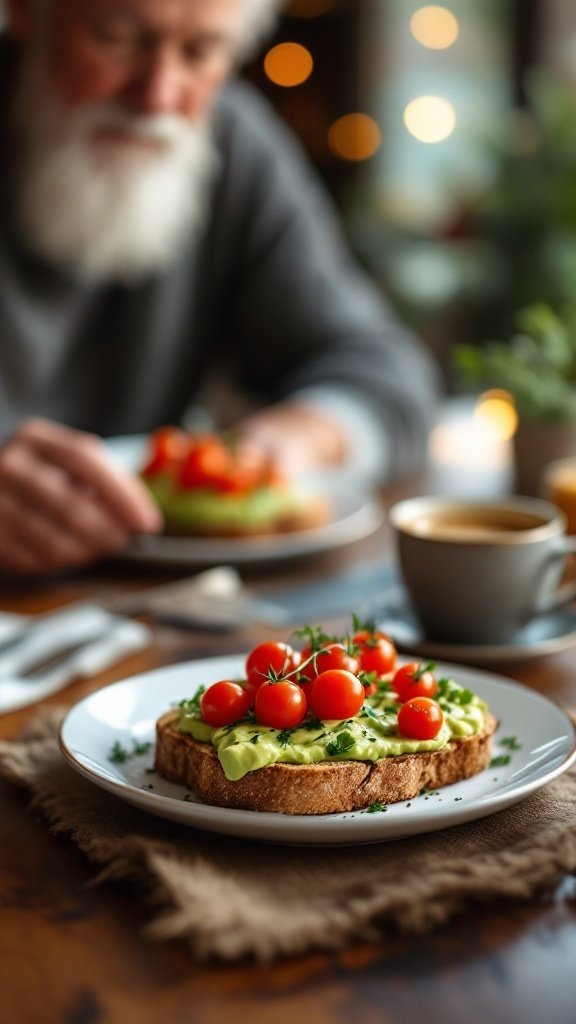 A plate of avocado toast topped with cherry tomatoes, with a senior man in the background enjoying his meal.
