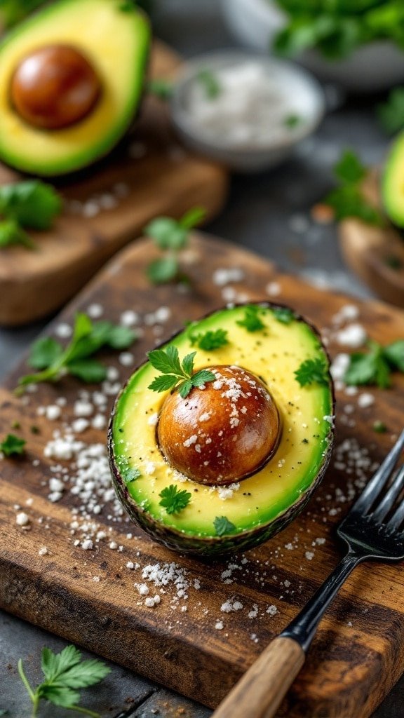 A beautifully cut avocado on a wooden cutting board, garnished with fresh cilantro and sprinkled with salt.