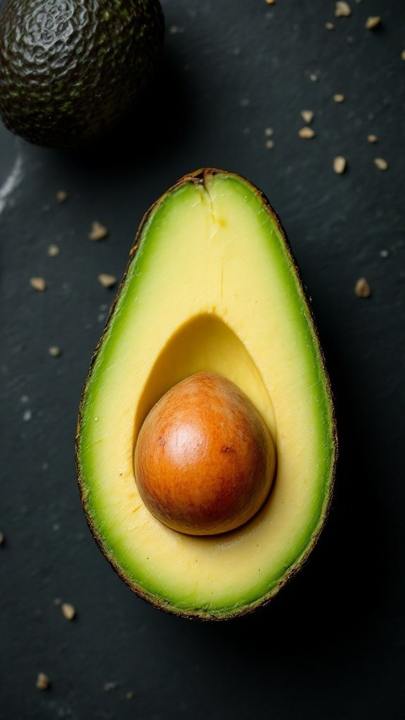 A halved avocado showcasing its green flesh and brown pit on a dark background.