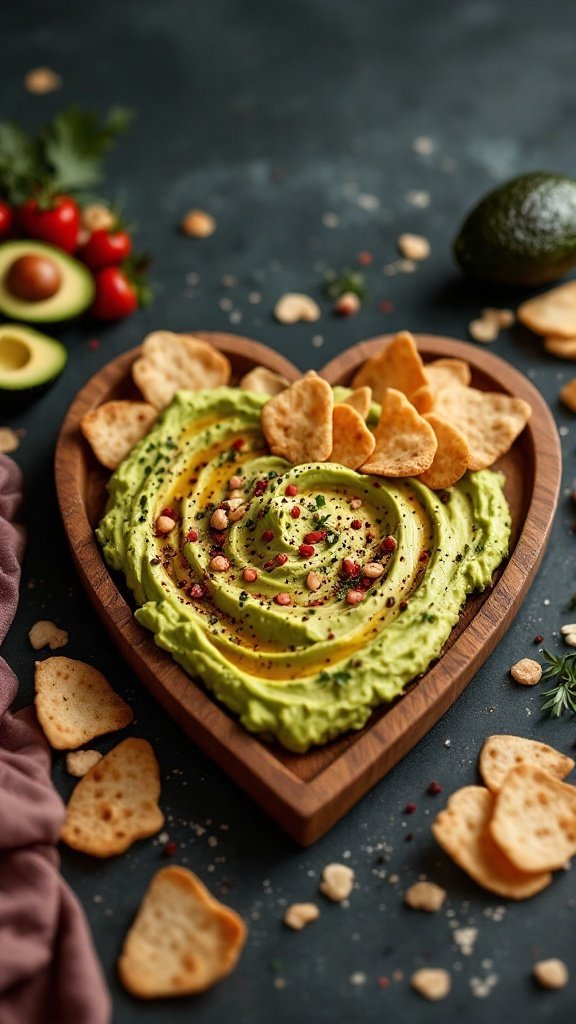 Heart-shaped bowl of avocado hummus with pita chips