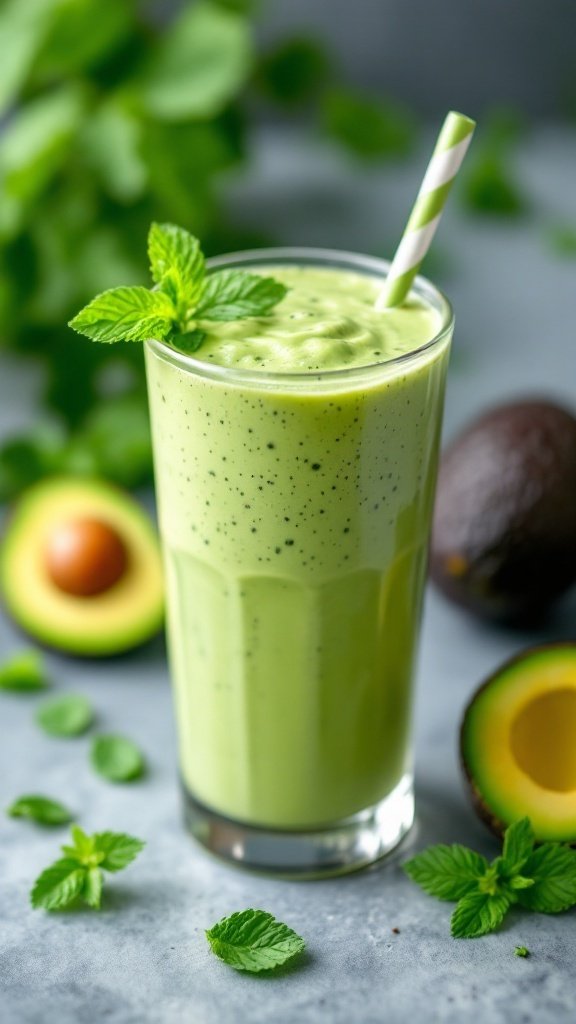 A refreshing green smoothie made with avocado and mint, garnished with mint leaves and a striped straw.