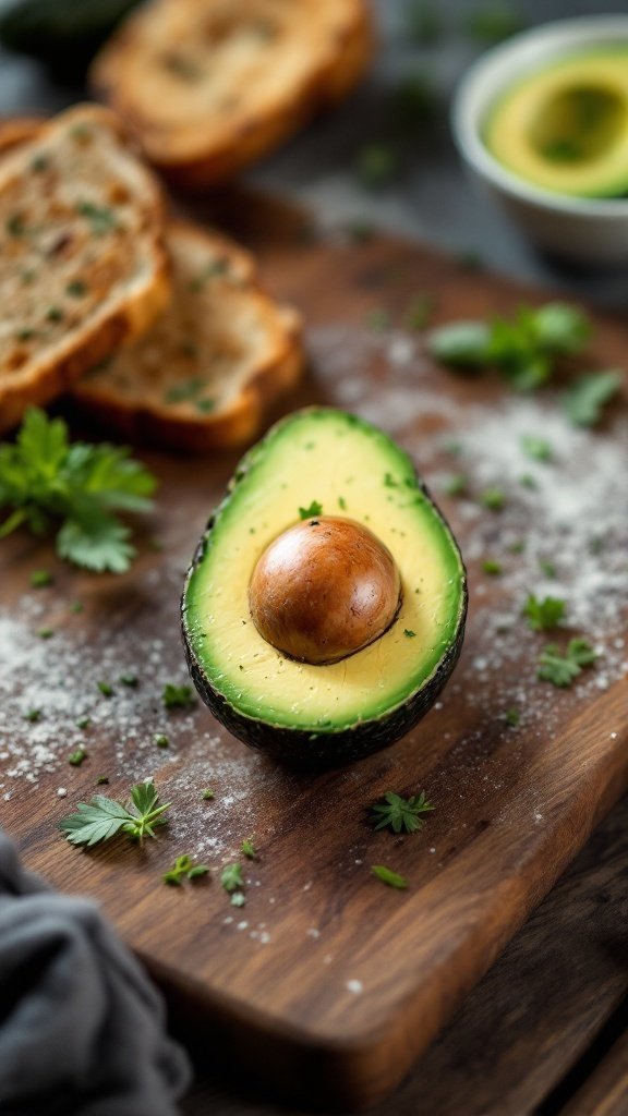 A sliced avocado with a seed, garnished with herbs, on a wooden cutting board with bread slices in the background.