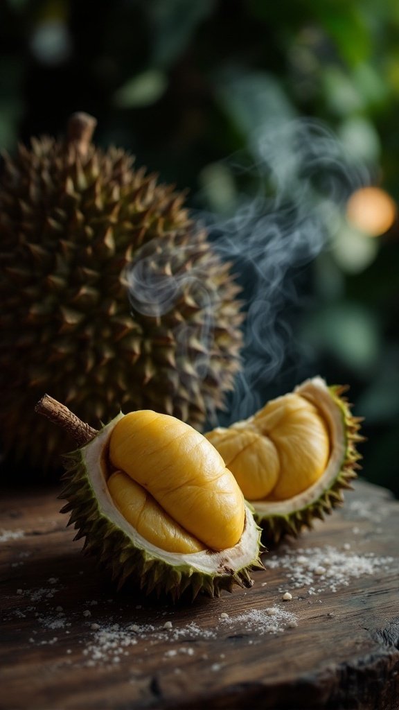A durian fruit, cut open to show its creamy yellow flesh, with a strong odor steam rising, on a wooden surface.