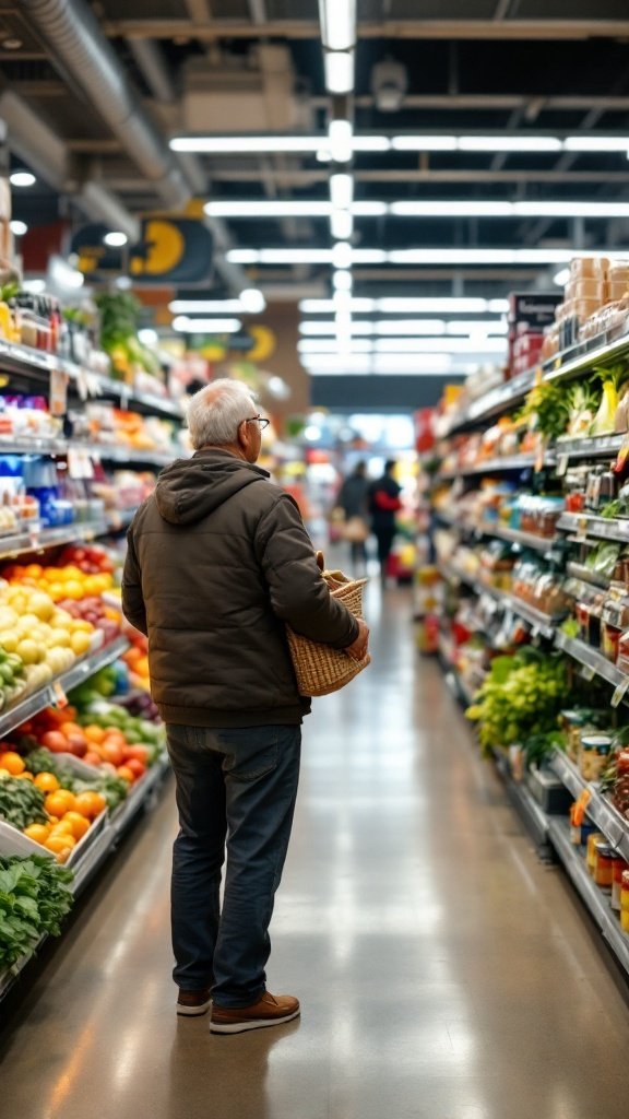 Senior man shopping in a grocery store produce aisle with a basket.