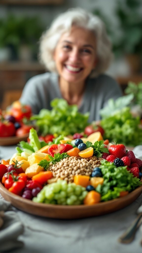 A cheerful older woman in front of a colorful spread of fresh fruits and vegetables.