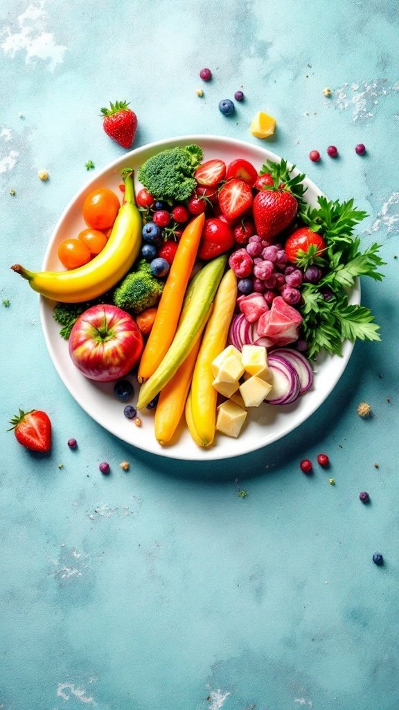 A colorful plate of fruits and vegetables including bananas, strawberries, broccoli, and carrots on a blue background.