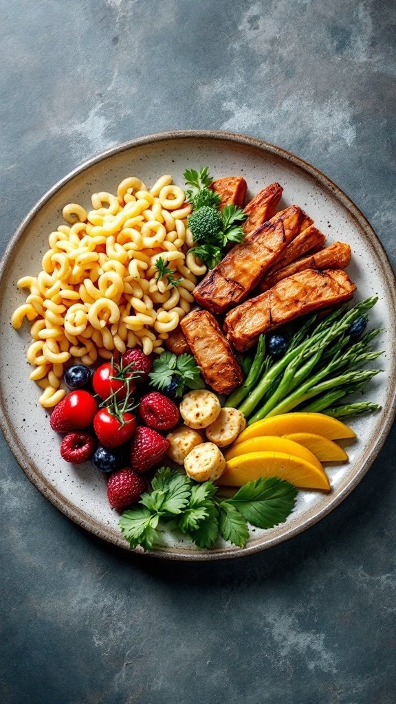 A colorful plate featuring pasta, grilled protein, a variety of vegetables, and fresh fruits.