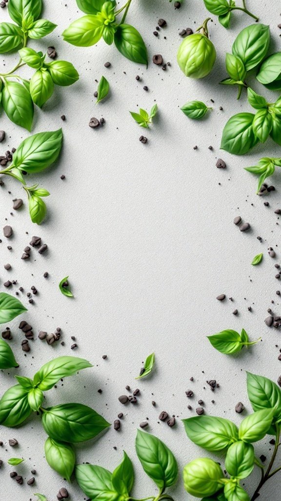 Fresh basil leaves scattered around, showcasing their vibrant green color.