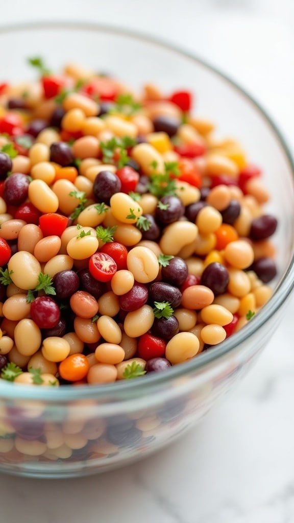 A colorful bowl of mixed beans with herbs.