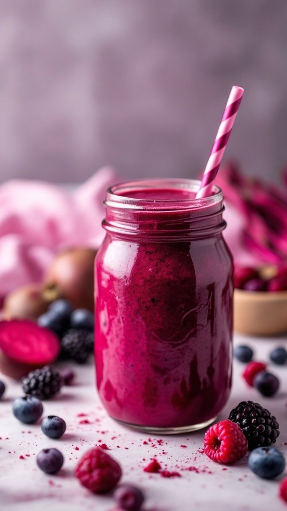 A vibrant beet berry smoothie in a jar with a pink striped straw, surrounded by fresh berries and beets on a light background.