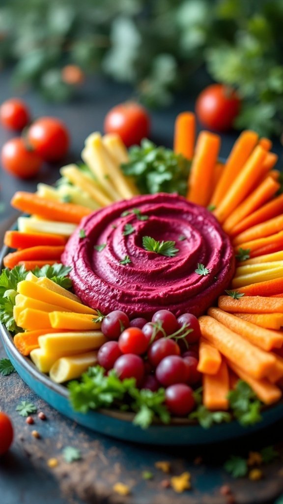 A platter of beetroot hummus surrounded by colorful veggie sticks and cherry tomatoes.