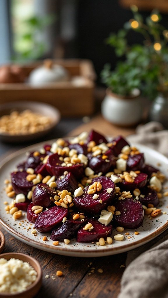 A plate of roasted beets topped with pine nuts and cheese, showcasing their rich color and texture.