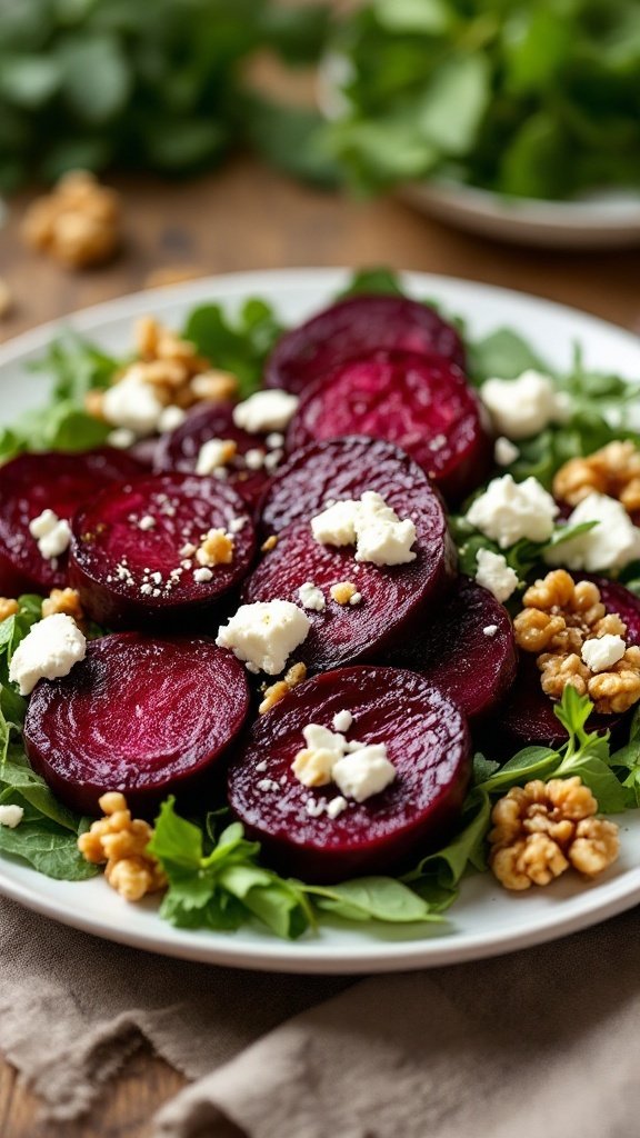 A colorful salad featuring sliced beets, feta cheese, and walnuts on a bed of fresh greens.