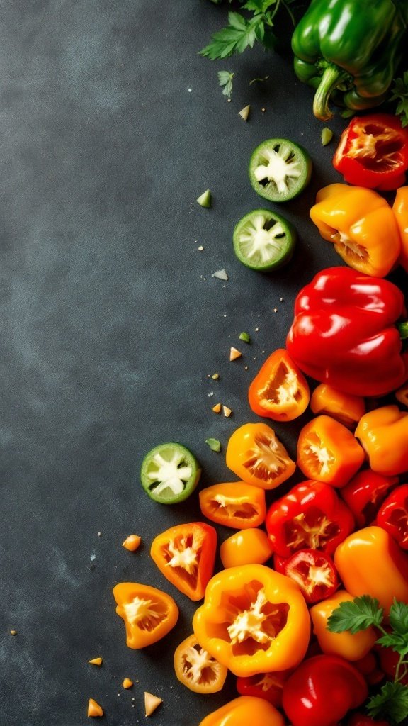 A variety of sliced bell peppers in red, yellow, and green on a dark surface.