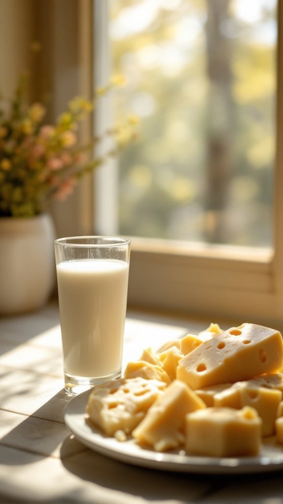 A glass of milk beside a plate of cheese, emphasizing calcium and vitamin D