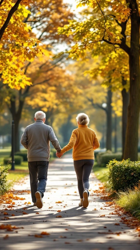 An elderly couple walking hand in hand along a tree-lined path during autumn.