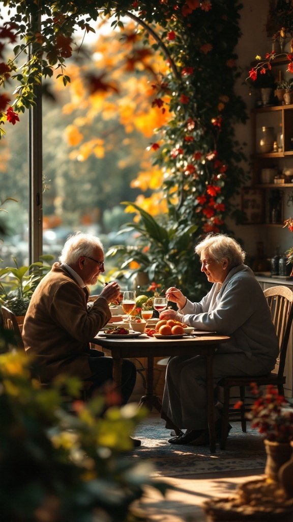 Two seniors enjoying a meal together in a beautifully decorated space with plants and flowers.