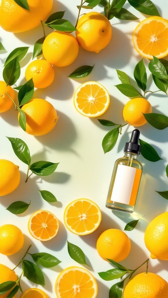 A vibrant display of bergamot oranges and a bottle of bergamot essential oil surrounded by green leaves.