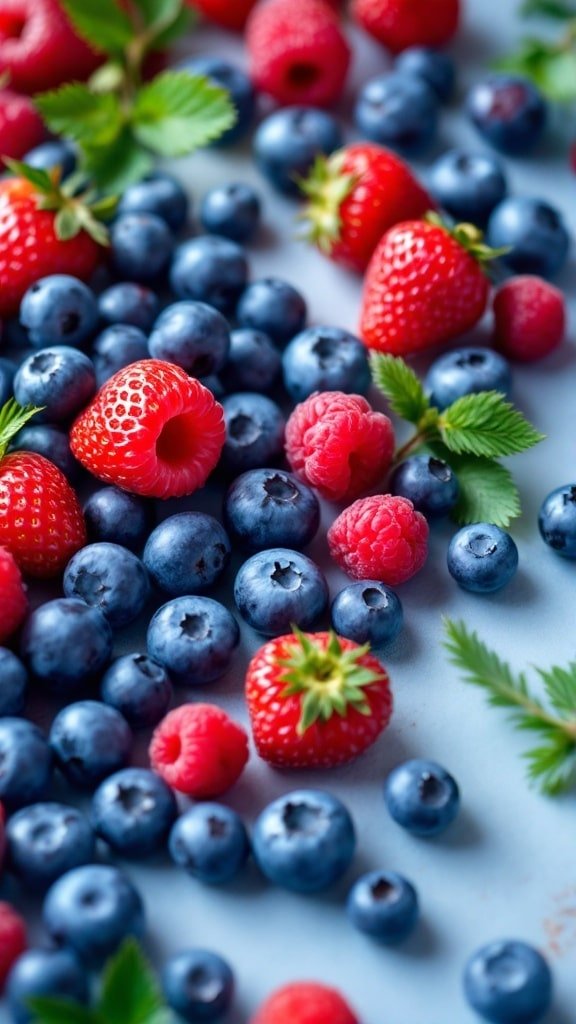 A colorful array of fresh blueberries, raspberries, and strawberries on a light background, highlighting their natural appeal.