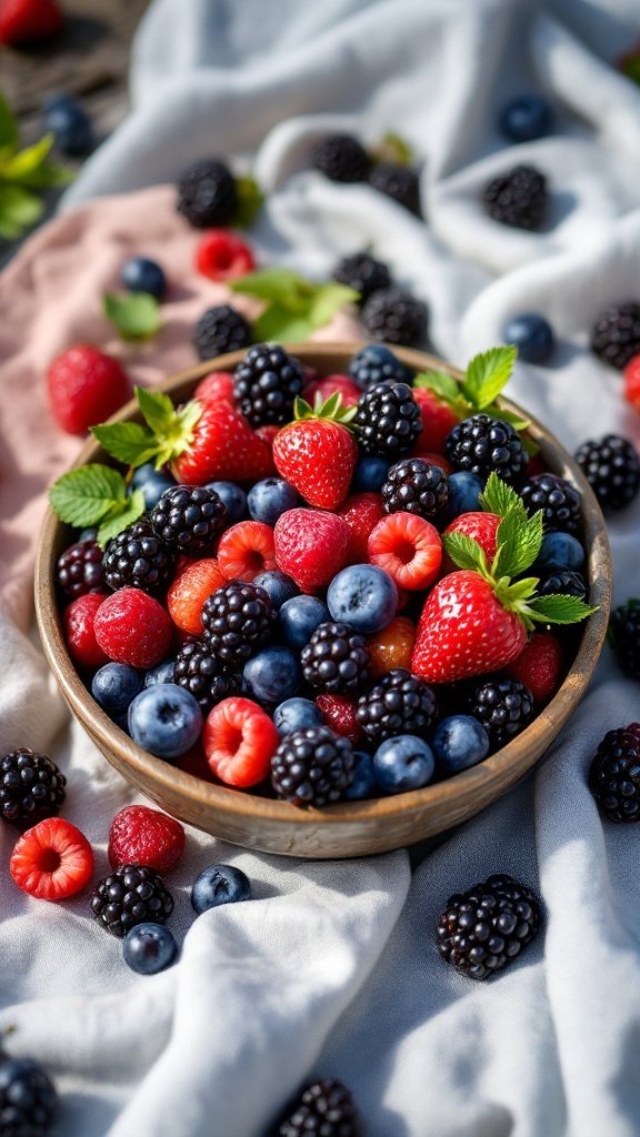 A bowl of mixed berries including strawberries, blueberries, raspberries, and blackberries on a soft fabric background.