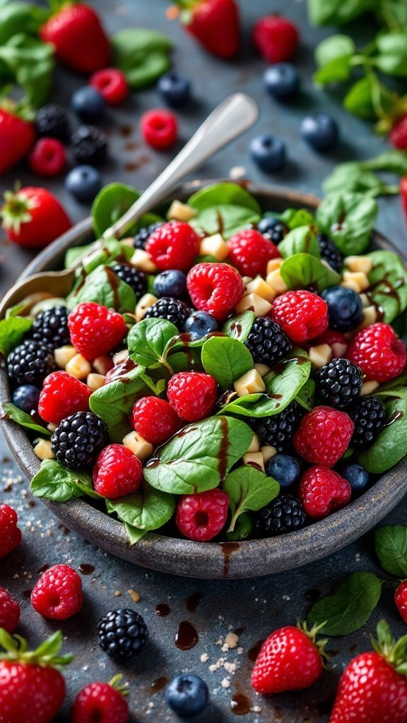 A bowl of berry and spinach salad with balsamic dressing, surrounded by fresh berries on a dark surface.